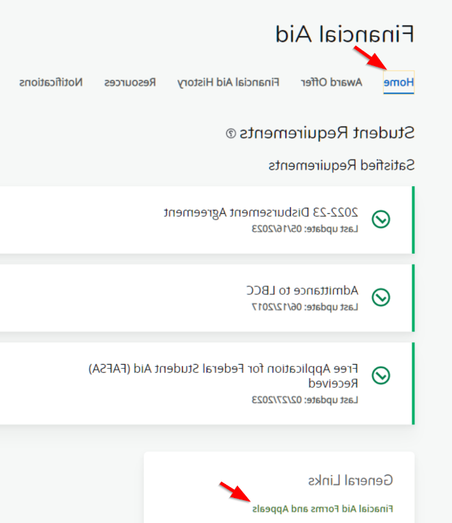 screenshot of the Financial Aid dashboard